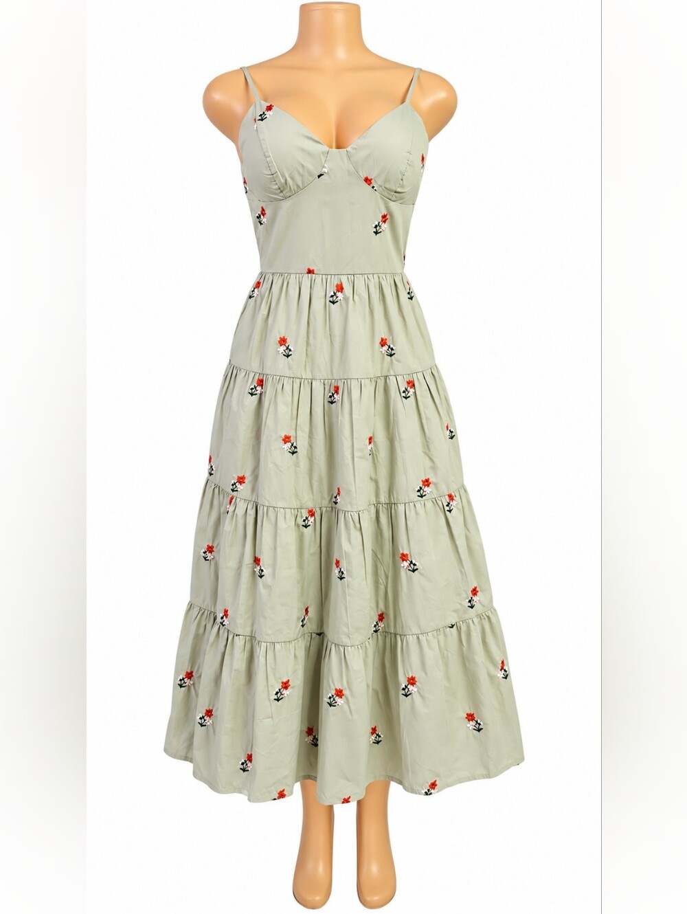 Sage Green Tiered Maxi Dress with Red Floral Embroidery